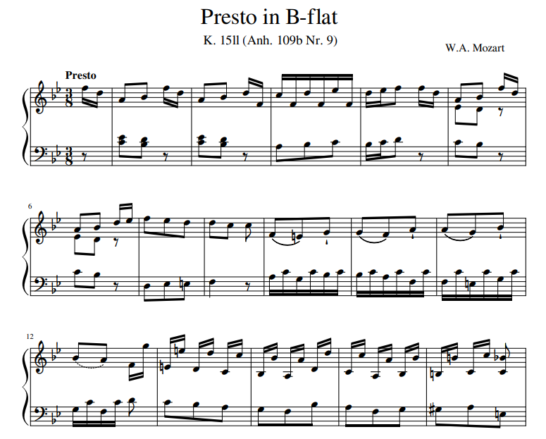 W.A. Mozart - Presto in B-flat K. 15ll (Anh. 109b Nr. 9) for piano